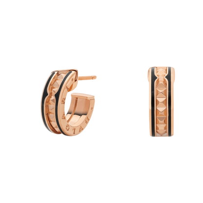 [Opulent Aurora]ZERO 1 ROCK PINK GOLD EARRINGS WITH STUDDED SPIRAL AND BLACK CERAMIC